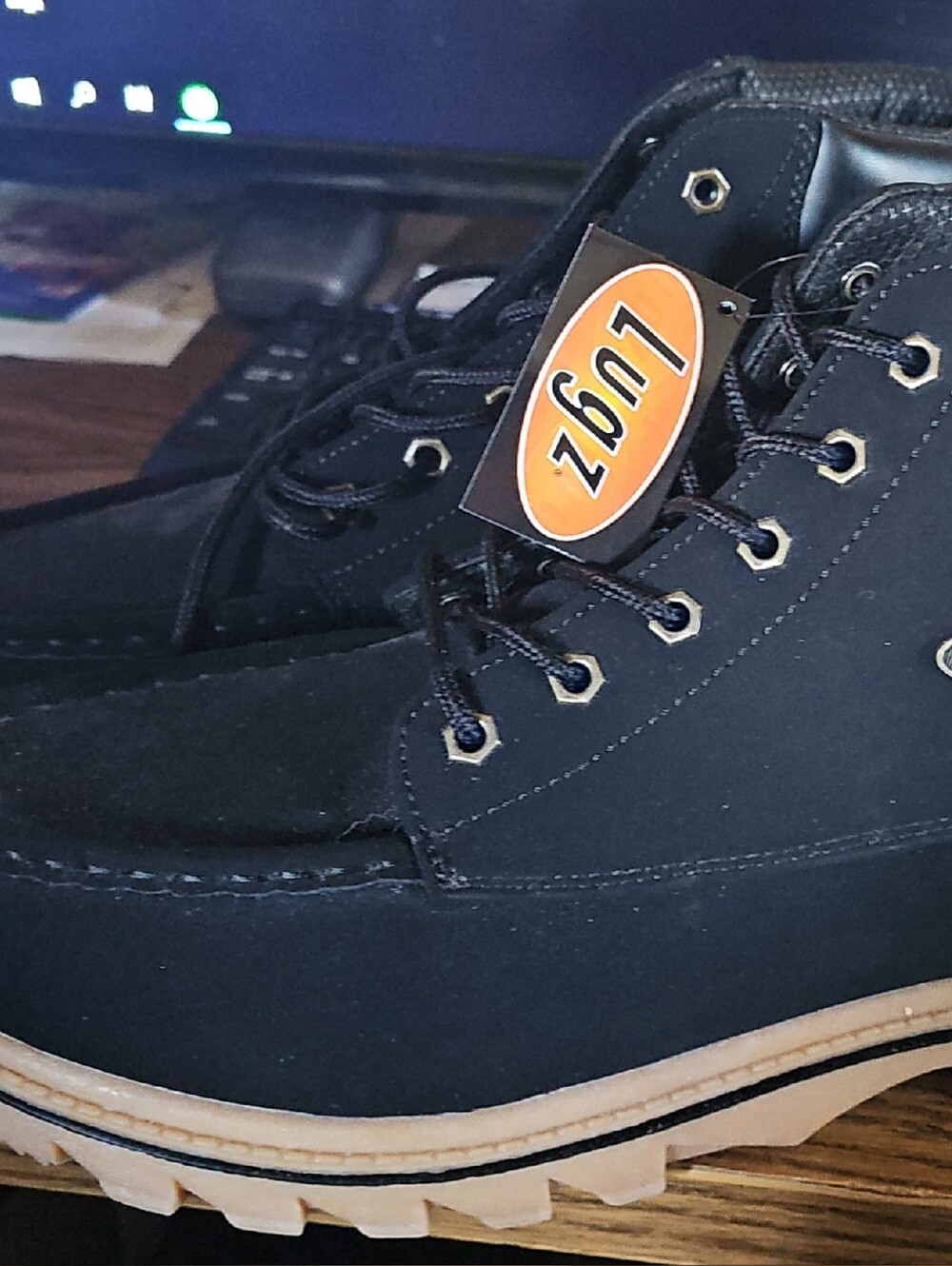 Lugz Men's Black Work Boots with Tan Outsole